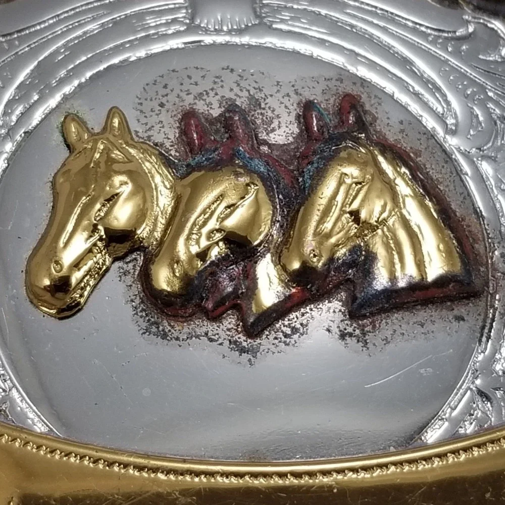 Western‎ Belt Buckle German Silver Engraved Three Horses Gold Banner USA Made